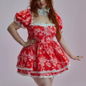 Selkie Red Floral Mini Dress with White Lace Trim